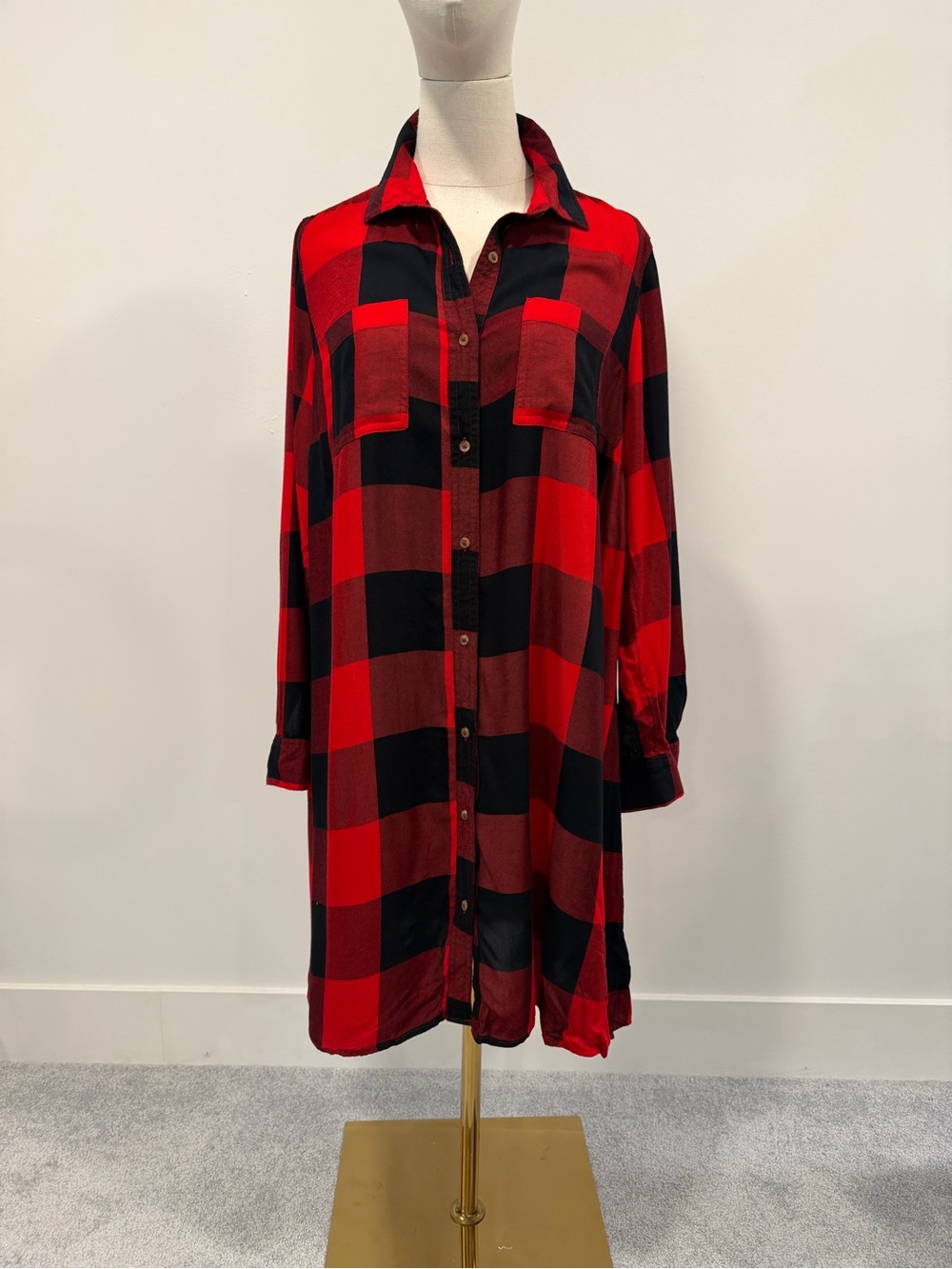 Old Navy Red and Black Plaid Button-Front Shirt Dress